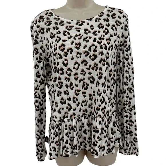Lucky Brand T-Shirt XS Women's White Pink Multi Animal Print Peplum Long Sleeve - Picture 1 of 8